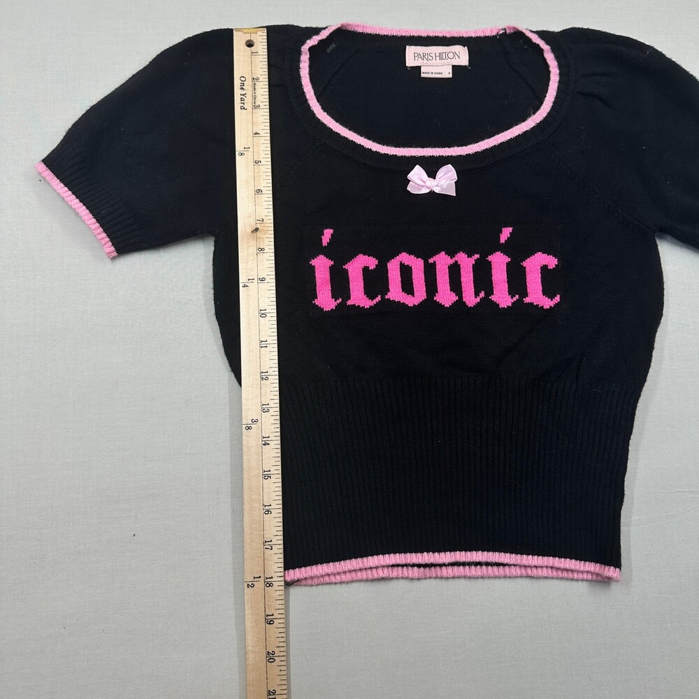 Y2K Paris Hilton Graphic Crop Sweater Bow Detail Black Pink S - Picture 9 of 12